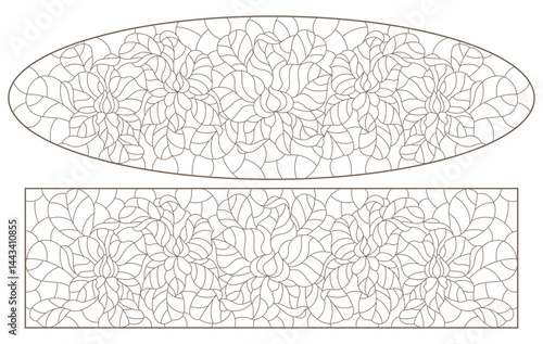 A set of contour illustrations in the style of stained glass with orchid flowers , dark contours on a white background