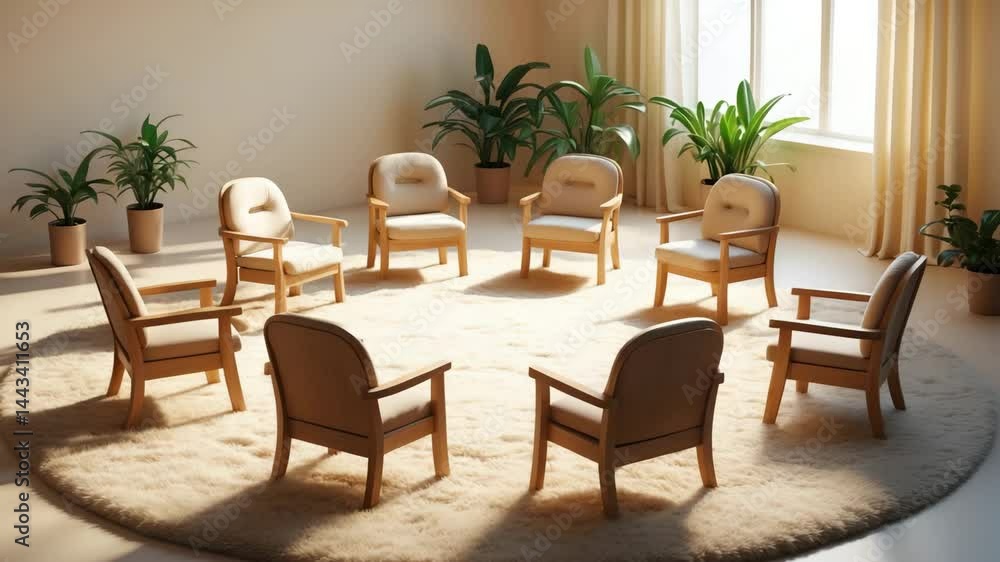 Intimate Support Group Meeting in a Calm, Minimalist Environment with Chairs Arranged in a Circle for Mental Health and Emotional Support