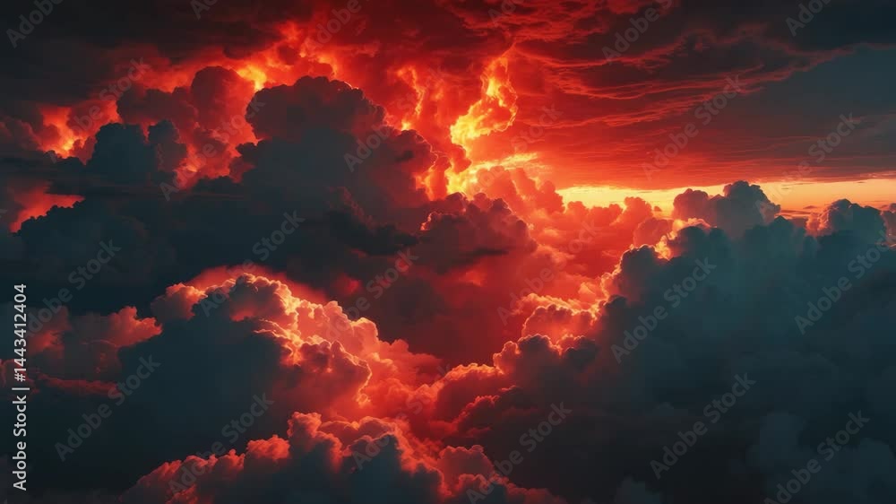 Intense black and blazing red sky adorned with clouds. Flames, conflict, blasts, catastrophe, inferno. Theme of terror. Vast backdrop with design area. Wide-angle perspective. Intense black and blazing red sky adorned with clouds. Flames, conflict, blasts, catastrophe, inferno. Theme of terror. Vast backdrop with design area. Wide-angle perspective.