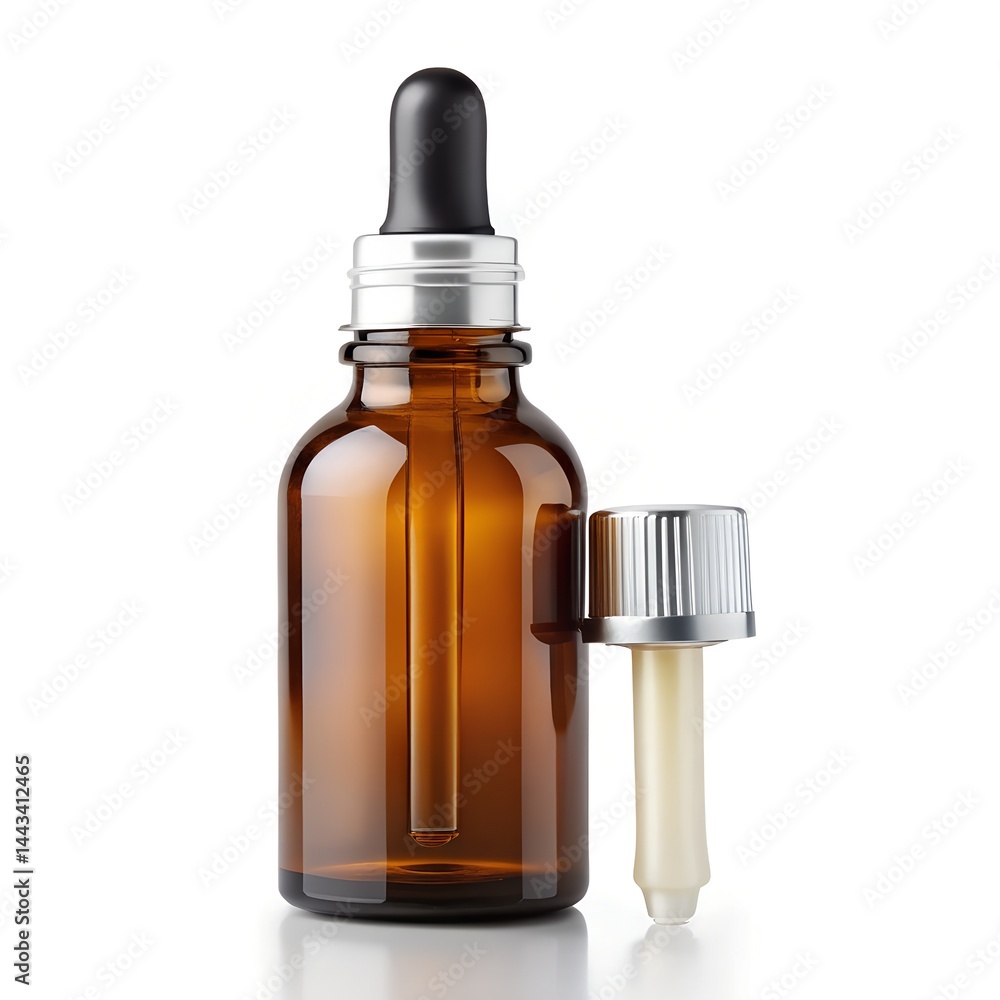 Dropper Bottle with Cap Removed on Solid White Background Dropper Bottle with Cap Removed on Solid White Background