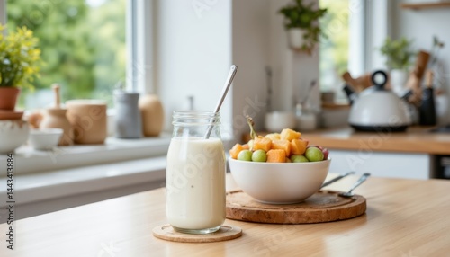 Wallpaper Mural A refreshing smoothie and a bowl of mixed fruit sit on a kitchen table with natural light streaming through the window. Torontodigital.ca