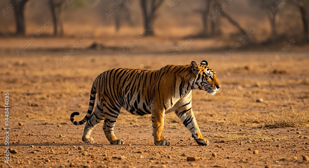 Fototapeta premium Tiger Walking Through Dry Grassland Habitat