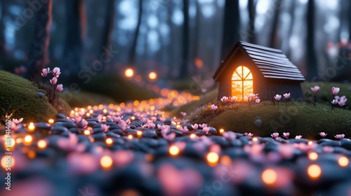Obraz na płótnie Magical miniature house surrounded by glowing flowers and a peaceful stream at twilight w salonie