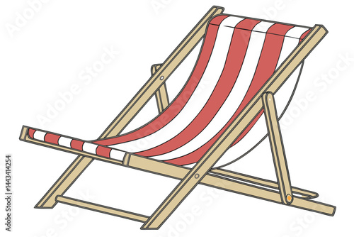 19 Beach chair, red and white stripes, wooden frame, folding lounger, seaside furniture, bright colors, summer vacation, relaxation, minimalist design, outdoor seating, canvas fabric, retro style, sun
