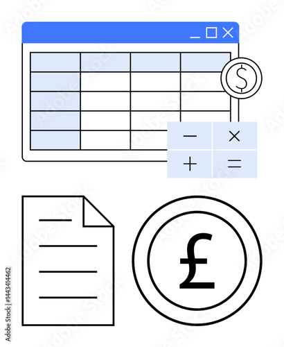Spreadsheet window paired with calculator buttons, paper document, and pound currency icon. Ideal for finance, accounting, budgeting, business planning, economic analysis, expense tracking flat