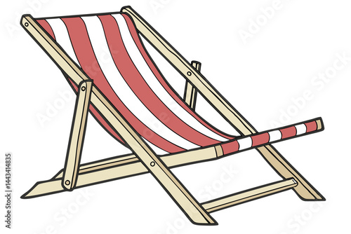 19 Beach chair, red and white stripes, wooden frame, folding lounger, seaside furniture, bright colors, summer vacation, relaxation, minimalist design, outdoor seating, canvas fabric, retro style, sun