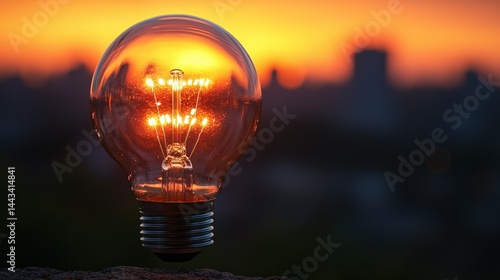 Illuminated lightbulb at sunset over city