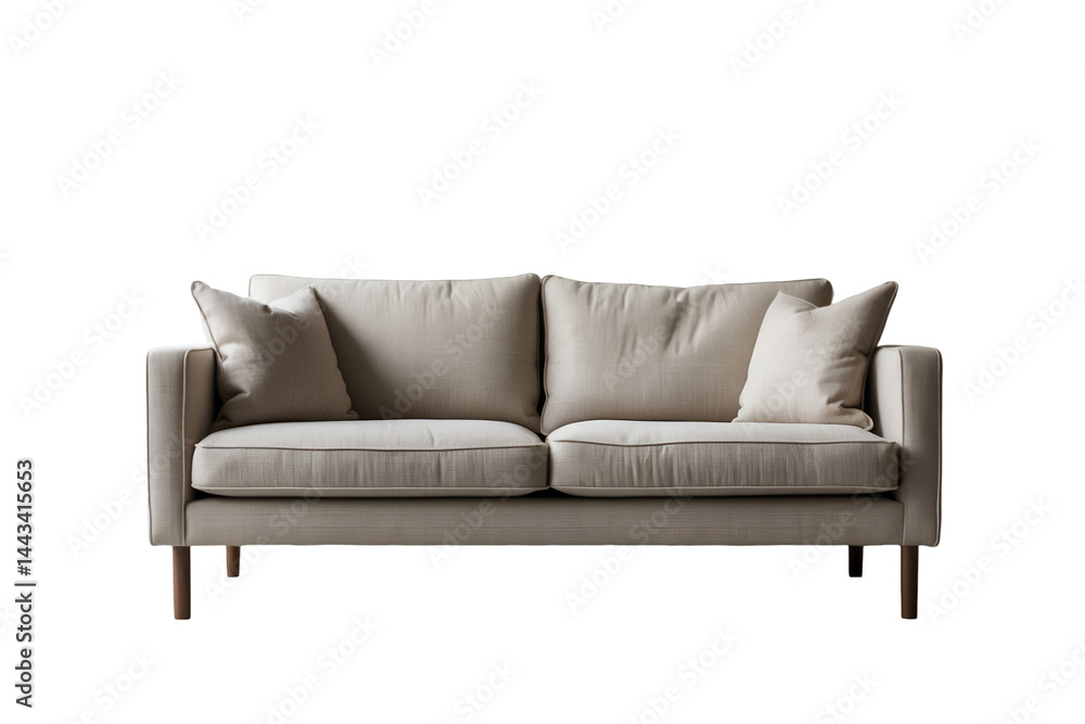 Elegant Scandinavian Style Sofa with Neutral Fabric and Wooden Legs for Modern Interior Design, Emphasizing Comfort and Minimalist Aesthetic, Studio Shot Elegant Scandinavian Style Sofa with Neutral Fabric and Wooden Legs for Modern Interior Design, Emphasizing Comfort and Minimalist Aesthetic, Studio Shot