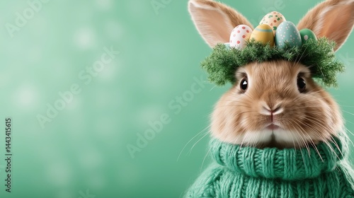 Playful brown rabbit wearing a wreath of Easter eggs on head celebrates Easter against pastel green backdrop
