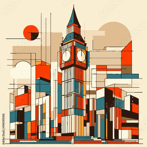 Big Ben London Landmark in Vibrant Geometric Cubist Illustration