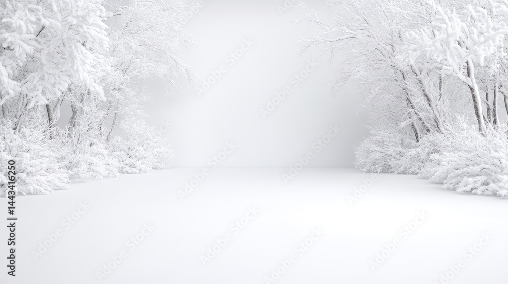 Fototapeta premium Snow-covered winter trees frame an empty white studio background for product display.