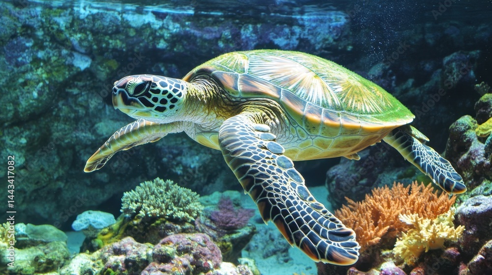 Fototapeta premium Sea Turtle Gliding Through Coral Reef Habitat