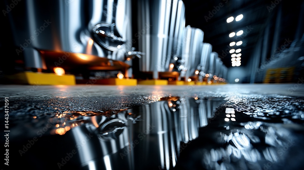 Metallic industrial tanks in a dimly lit warehouse, with water reflection Metallic industrial tanks in a dimly lit warehouse, with water reflection