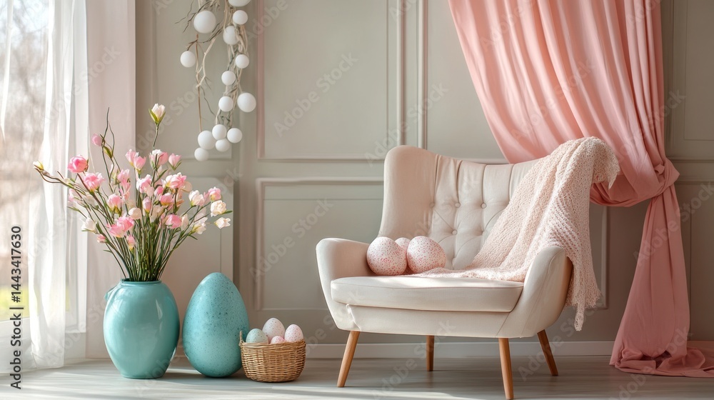 Fototapeta premium Pastel Easter Decor: Cozy Armchair, Pink Flowers, and Delicate Eggs in a Spring Interior