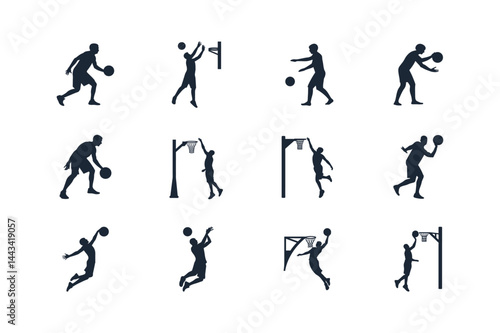 Basketball players silhouettes in various actions dribbling shooting and dunking the ball