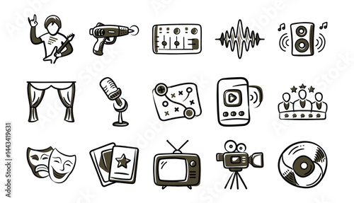 Entertainment industry icons doodle vector set for creative projects and design