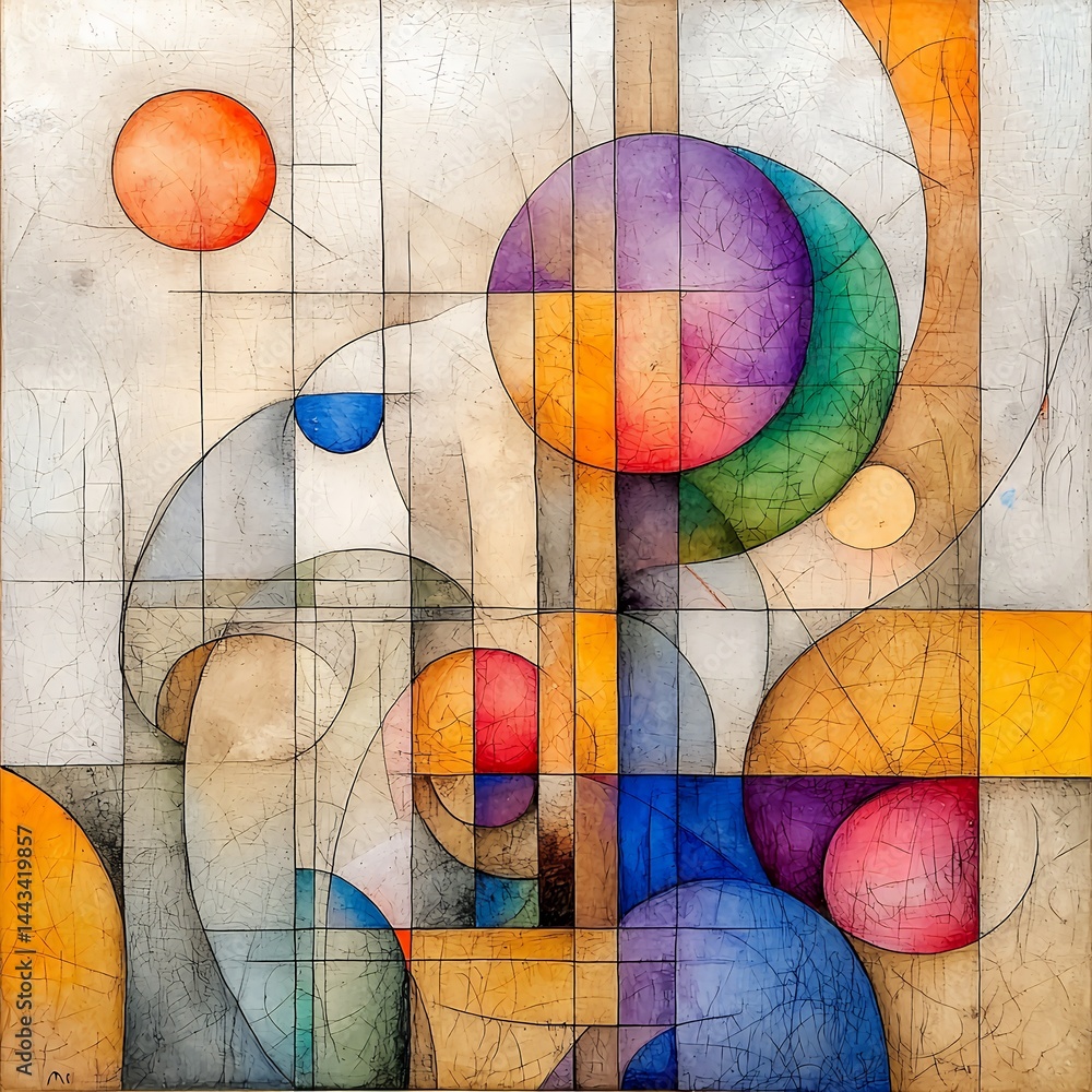 Fototapeta premium Abstract Multicolored Circles and Intersecting Lines on Textured Beige Background