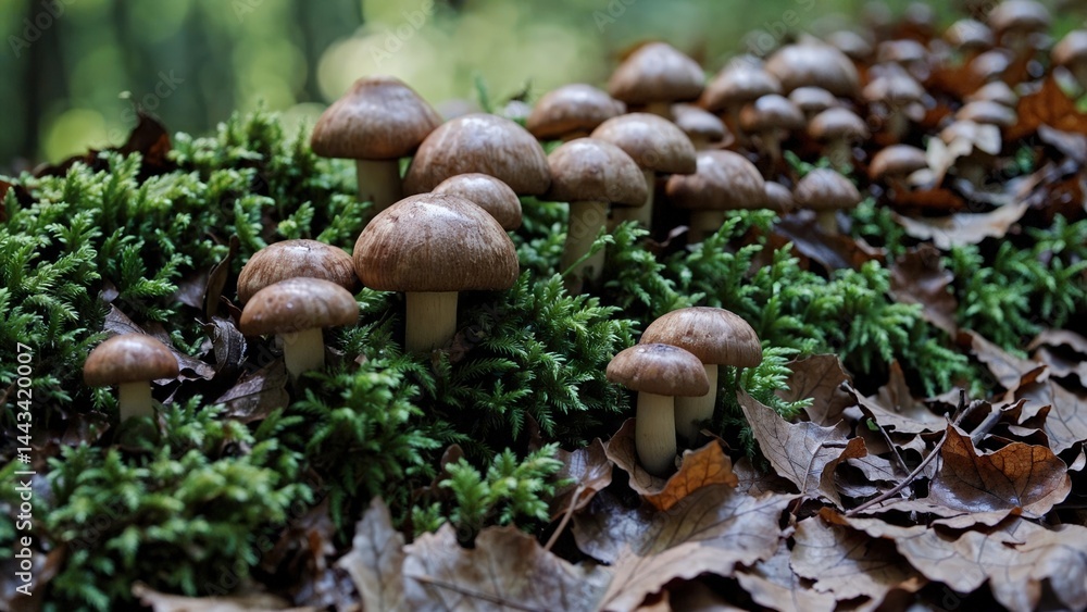 Cluster of small wild mushrooms growing on bright green moss in forest, closeup of woodland fungi colony on forest floor, natural ecosystem detail showing diverse forest undergrowth Cluster of small wild mushrooms growing on bright green moss in forest, closeup of woodland fungi colony on forest floor, natural ecosystem detail showing diverse forest undergrowth