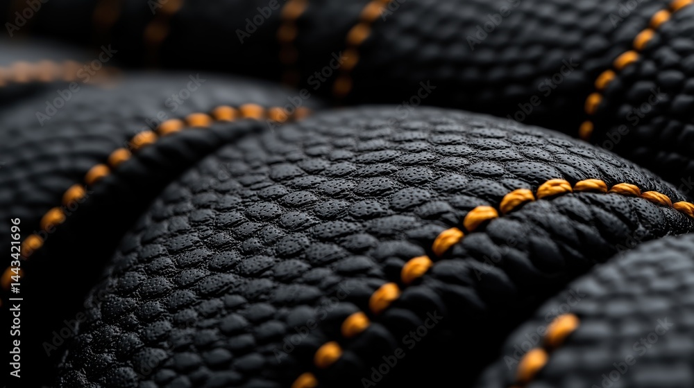 Fine grained engineered black leather texture with striking contrast stitching in a minimalist design presentation