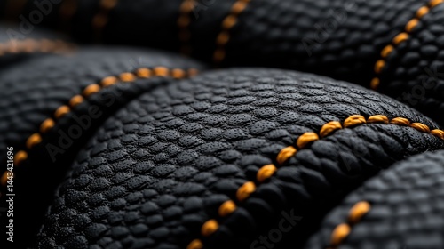 Obraz na płótnie Fine grained engineered black leather texture with striking contrast stitching in a minimalist design presentation w salonie