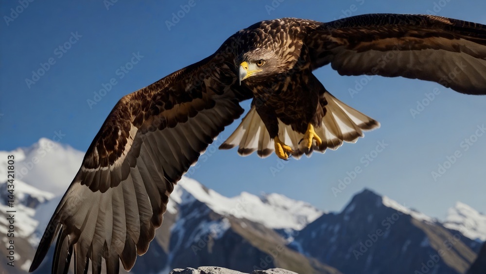 Obraz premium Majestic eagle soaring against blue sky with snow-capped mountain peaks in background, wildlife in natural habitat, symbol of freedom