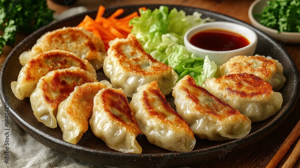 Crispy pan-fried dumplings served with fresh vegetables and dipping sauce Crispy pan-fried dumplings served with fresh vegetables and dipping sauce