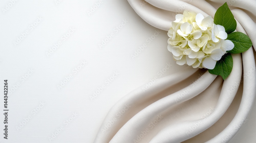 Elegant presentation of white linen texture with delicate flower and green leaves on soft background