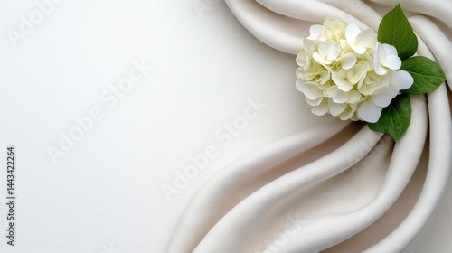 Obraz na płótnie Elegant presentation of white linen texture with delicate flower and green leaves on soft background w salonie