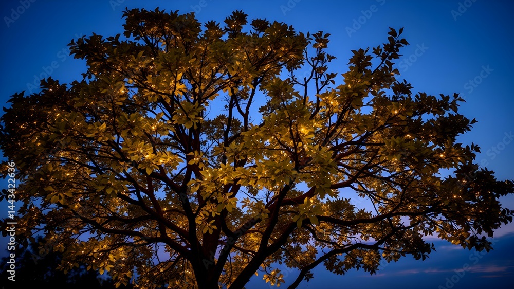 Obraz premium Golden Hour Oak Silhouette: An ethereal, backlit silhouette of a majestic oak tree in the golden hour, its leaves ablaze against the twilight sky, offering a sense of tranquility and timeless beauty.