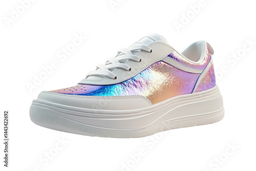 Stylish iridescent white sneakers with thick platform sole perfect for fashion forward on transparent background