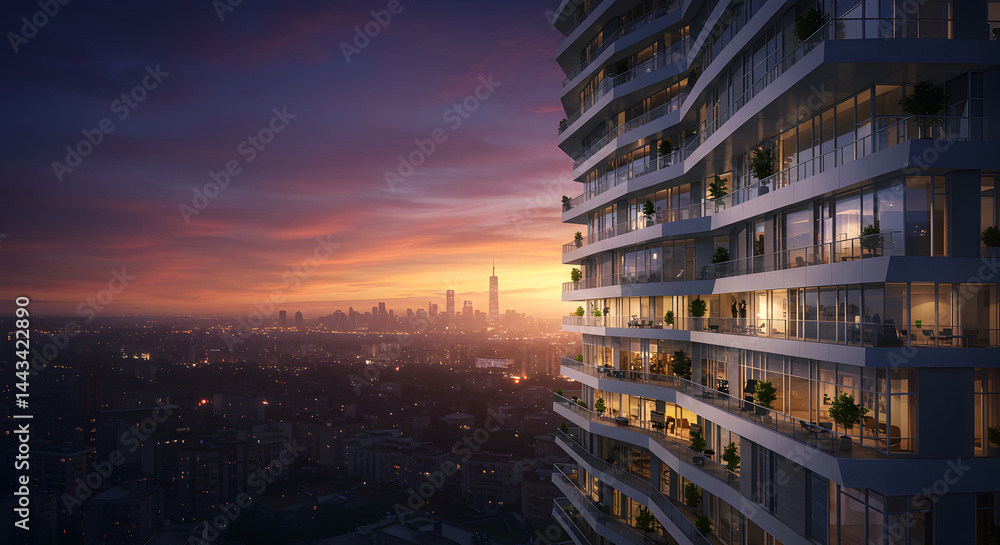 Obraz premium Luxury Apartments Overlooking Stunning Sunset Cityscape In Twilight