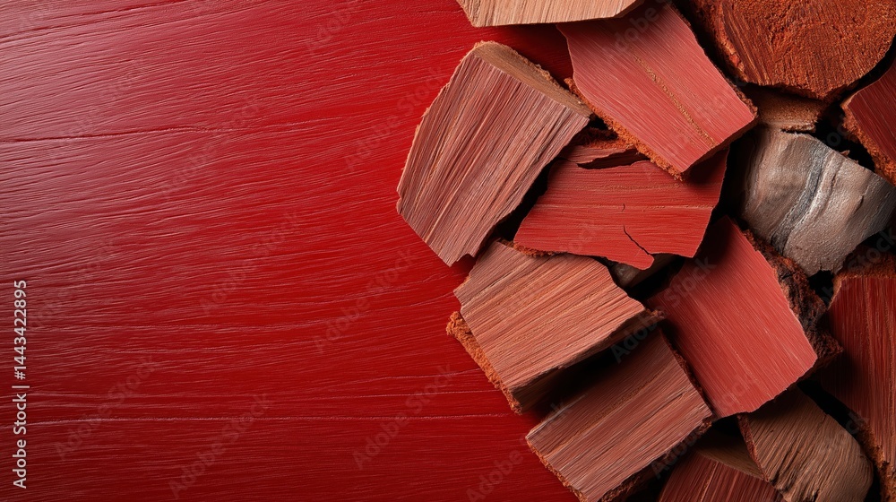 Rustic red particleboard surrounded by aged wood shavings showcasing an industrial wooden texture in a workshop environment
