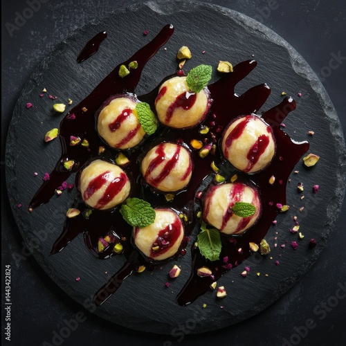 Top view of round vareniki drizzled with cherry syrup and topped with pistachios, laid out on a black ceramic board. photo