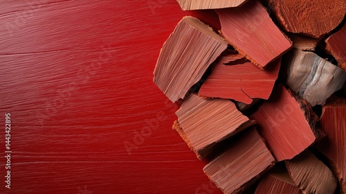 Obraz na płótnie Rustic red particleboard surrounded by aged wood shavings showcasing an industrial wooden texture in a workshop environment w salonie