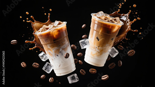 Two iced coffees with ice and coffee beans are floating in mid-air against a background