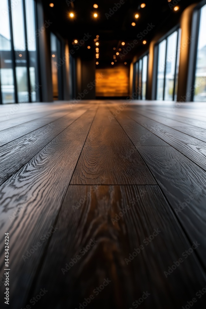 Elegant dark engineered wood floor showcasing deep grain patterns in a modern interior space with polished finish and ambient lighting