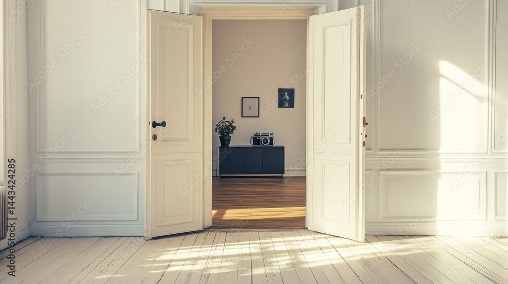 Fototapeta premium Sunlit Empty Room Interior Design: White Walls, Hardwood Floors, and Open Doors Revealing a Minimalist Living Space