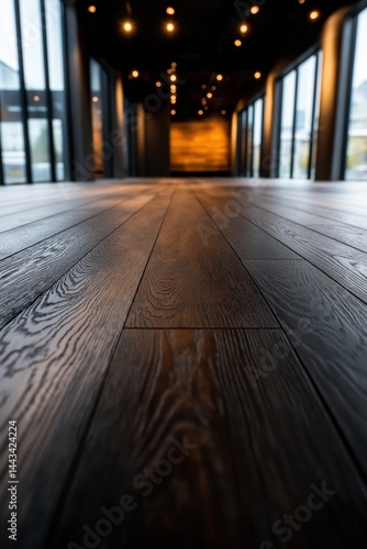 Obraz na płótnie Elegant dark engineered wood floor showcasing deep grain patterns in a modern interior space with polished finish and ambient lighting w salonie