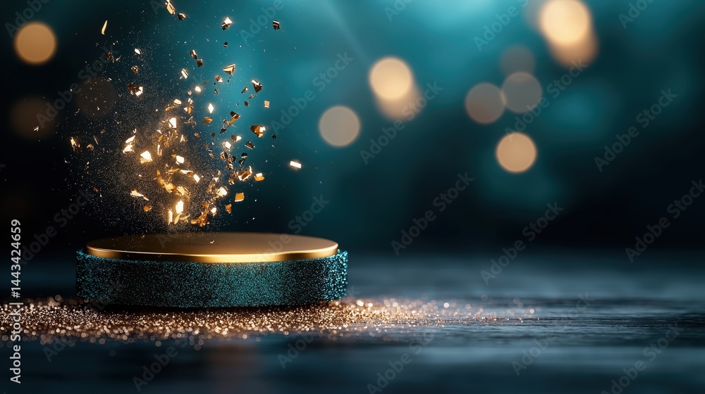 Elegant glitter explosion from an award on a dark blue stage setting for a glamorous ceremony