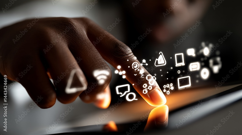 Fototapeta premium Person using tablet, interactive glowing icons appear around fingertip