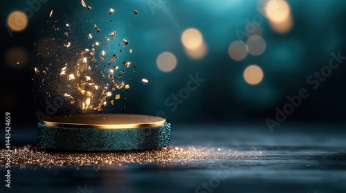 Elegant glitter explosion from an award on a dark blue stage setting for a glamorous ceremony