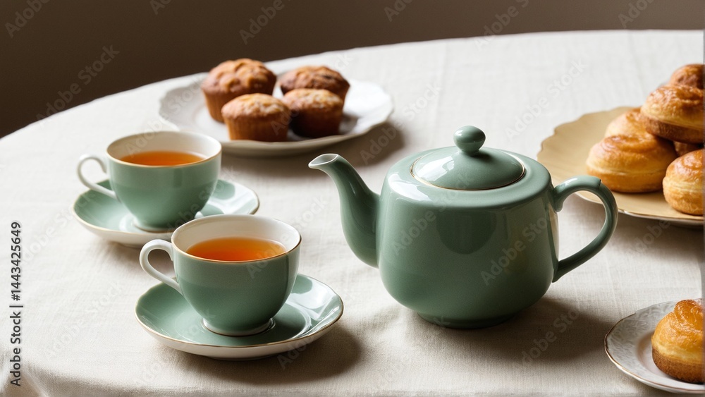 Elegant tea service featuring soft green teacups, a matching teapot, and assorted pastries, all arranged on a pristine linen tablecloth. Elegant tea service featuring soft green teacups, a matching teapot, and assorted pastries, all arranged on a pristine linen tablecloth.