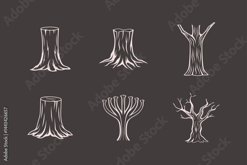 Stylized tree trunks and bare trees hand drawn vector illustration set