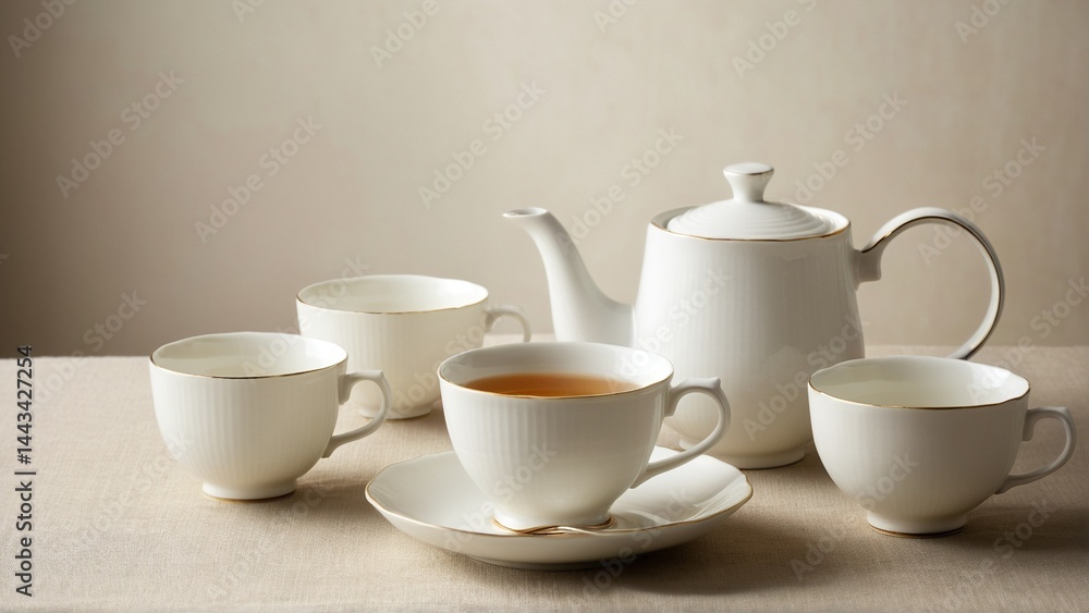 Elegant Tea Time: A Delicate White Porcelain Teapot and Matching Cups, Adorned with Subtle Gold Accents, Evoking Tranquility. Elegant Tea Time: A Delicate White Porcelain Teapot and Matching Cups, Adorned with Subtle Gold Accents, Evoking Tranquility.