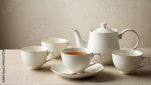 Wallpaper Mural Elegant Tea Time: A Delicate White Porcelain Teapot and Matching Cups, Adorned with Subtle Gold Accents, Evoking Tranquility. Torontodigital.ca