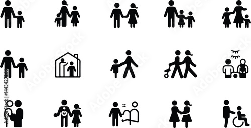 Stick figure family icons, black and white pictograms, simple human silhouettes, family relationships, parenting symbols, household representations, walking figures, elderly care, child care,