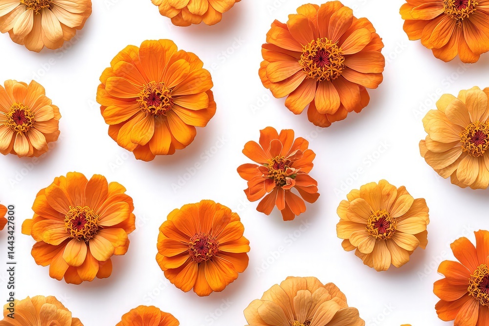 A variety of vibrant orange zinnia flower heads