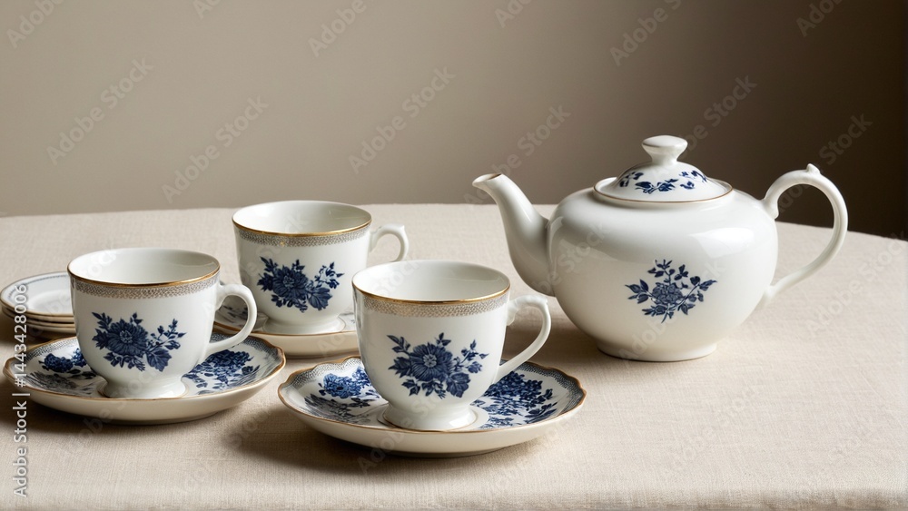 Elegant Tea Service: A Delicate Arrangement of White Porcelain Teacups, Saucers and Teapot Adorned with Blue Floral Design. Elegant Tea Service: A Delicate Arrangement of White Porcelain Teacups, Saucers and Teapot Adorned with Blue Floral Design.