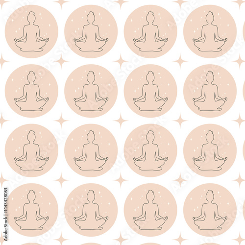 Female silhouette in lotus position. Seamless yoga background for fabrics, textiles, packaging, wrappers, paper. Vector in boho style