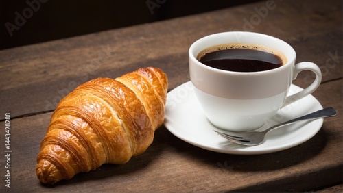 Golden Croissant and a Cup of Dark Coffee on a Rustic Wooden Table, A Classic Start to the Day.